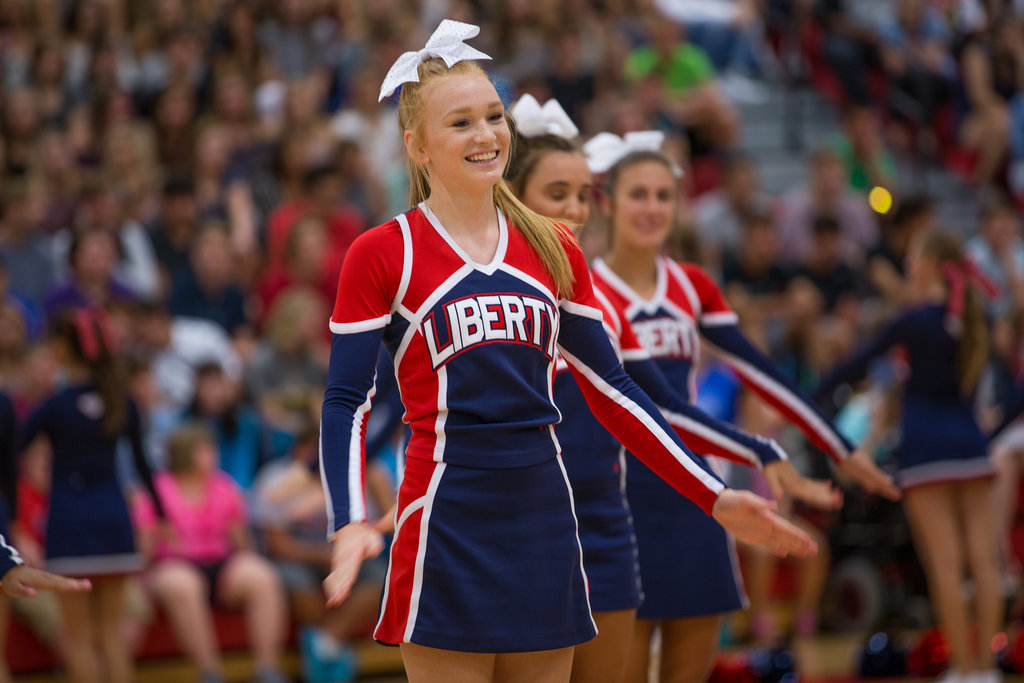 junior Jenna Knobbe  and other Liberty cheerleaders got the students pumped up during the assembly 