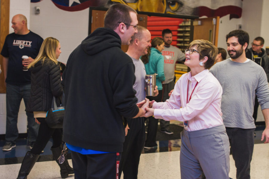 Mr. Boswell is congratulated by Ms. Pizzo after being announced Support Staff of the Year.He’s not only devoted and modest about the amount of work that he does, but he’s also a great representative and role model that Liberty’s reputation stands for. 