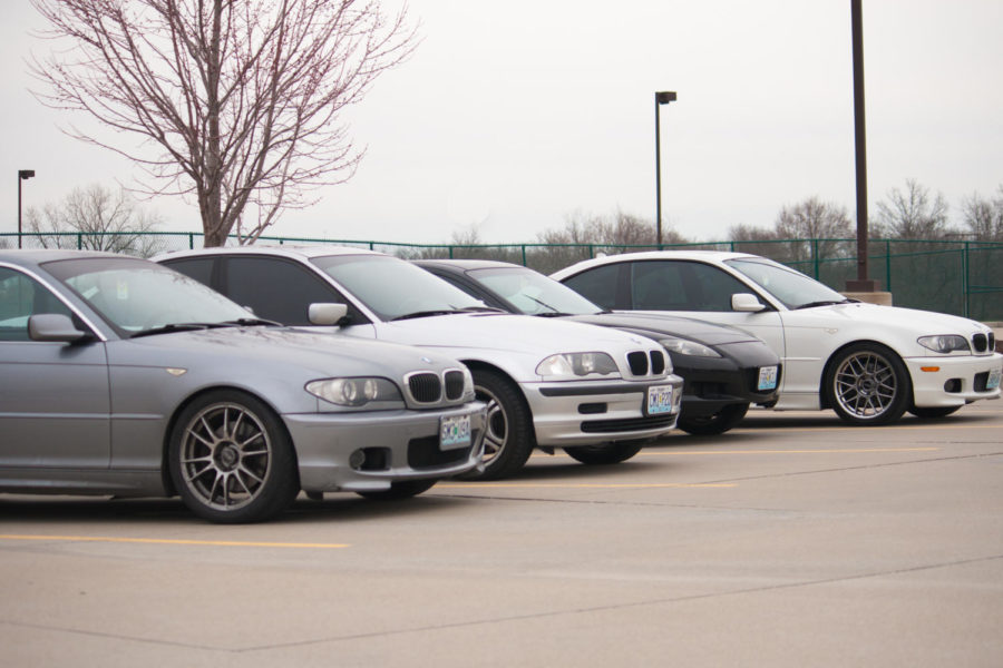From left to right: Mitchell Coughrans 2006 BMW 330 Ci, Nathan Bowshers 2001 BMW 325i, Tyler Schultzs 2007 Mazda Rx8, and Alex Vigors 2006 BMW 330 Ci 