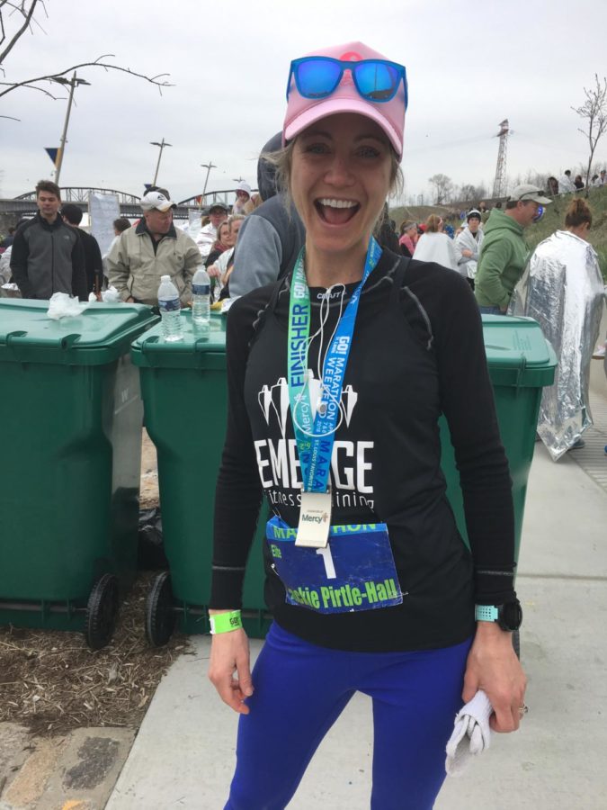 Jackie+Pirtle-Hall%2C+moments+after+the+St.+Louis+Go+Marathon+race+showing+off+her+first+place+medal.+All+smiles+knowing+she+qualified+for+the+Olympic+trials.