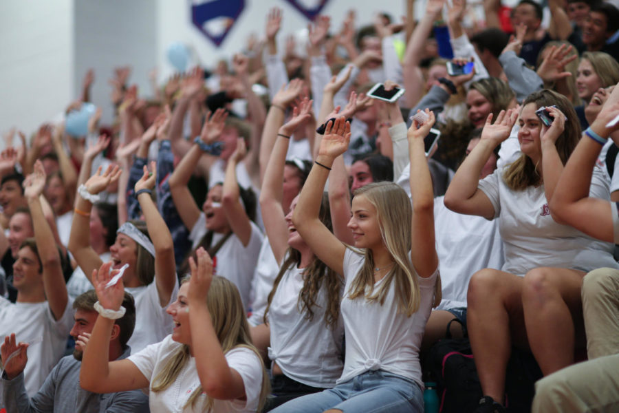 The+senior+section+gets+pumped+up+for+Fridays+spirit+pep+assembly.+