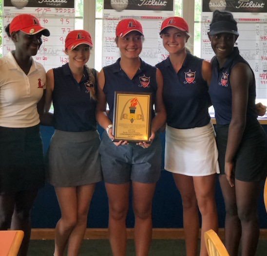 Eliana Moore, Grace Pickering, Zoee Harrington, Kelly Karre, and Jade Moore led the varsity team to their third conference title in a row on Sept. 27. 