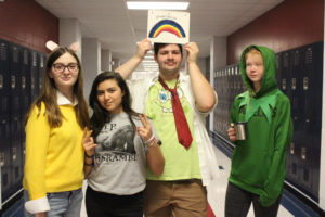 (From left to right) Paige Bostic, Julia Amery, Cody Holtschlag and Maddie Sanderson dress up for Libertys first meme day.