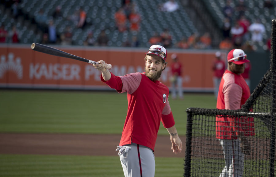 Bryce Harper looking to the fans when Harper played for the Washington Nationals. 