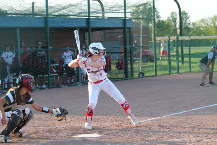Senior Kate Benes gets ready to swing the bat at a softball game.