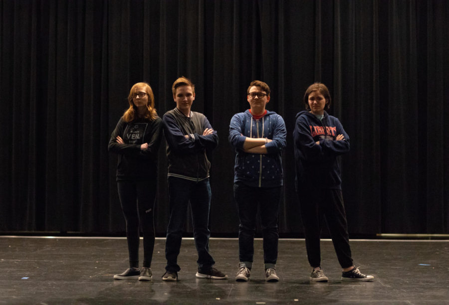 From left to right: Seniors Marissa Pukala-Whitaker, Devin Eckardt, Paxton Linnemeyer and Emily Stabile are the four seniors chosen to direct one acts for the spring play. 