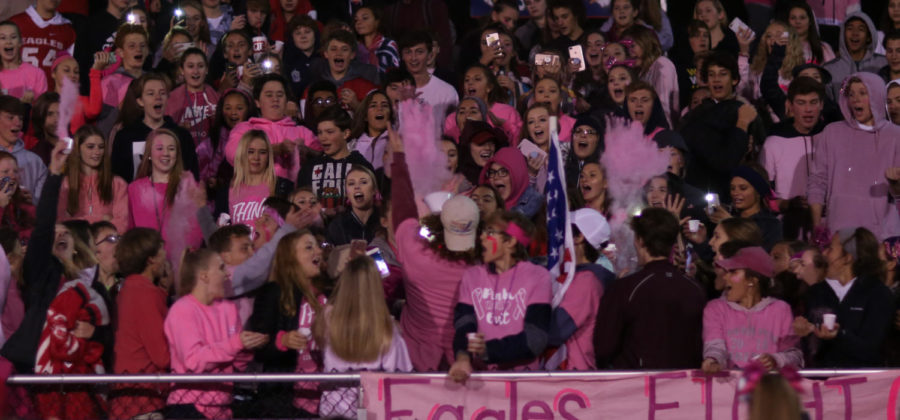 The+student+section+prepares+for+the+powder+toss+at+the+Pink+Out+game+against+Holt+on+Oct.+19.