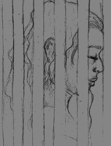 A drawing of a girl behind bars, depicts the depressing mood of prison.