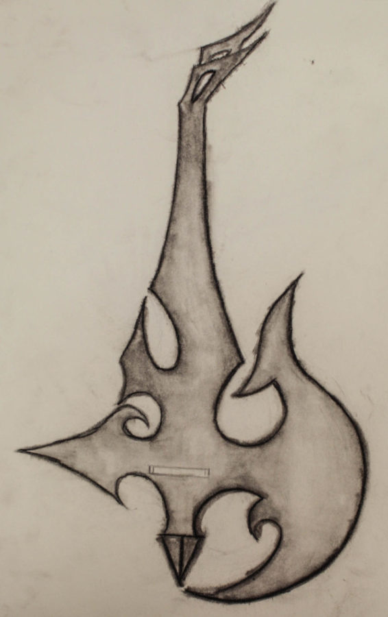 Shawns drawing of a demonic harp.