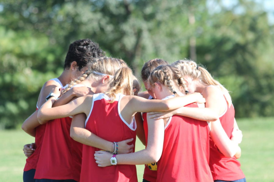 The cross country huddles up for team discussion.