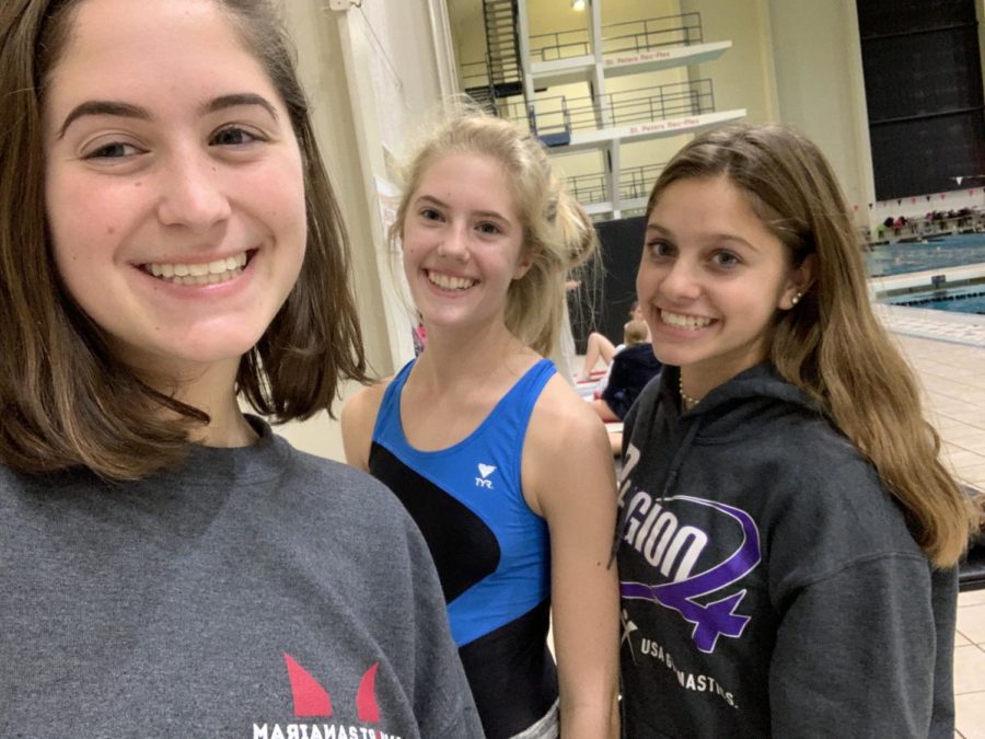 Maggie Merz, Carly Torbit and Abby Kuhn practice after school in preparation for their meets later in the season.