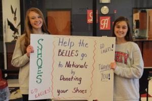 Dance team captains Hailey Forck and Aimee Weber promote their shoe drive fundraiser to get the dance team to Nationals.