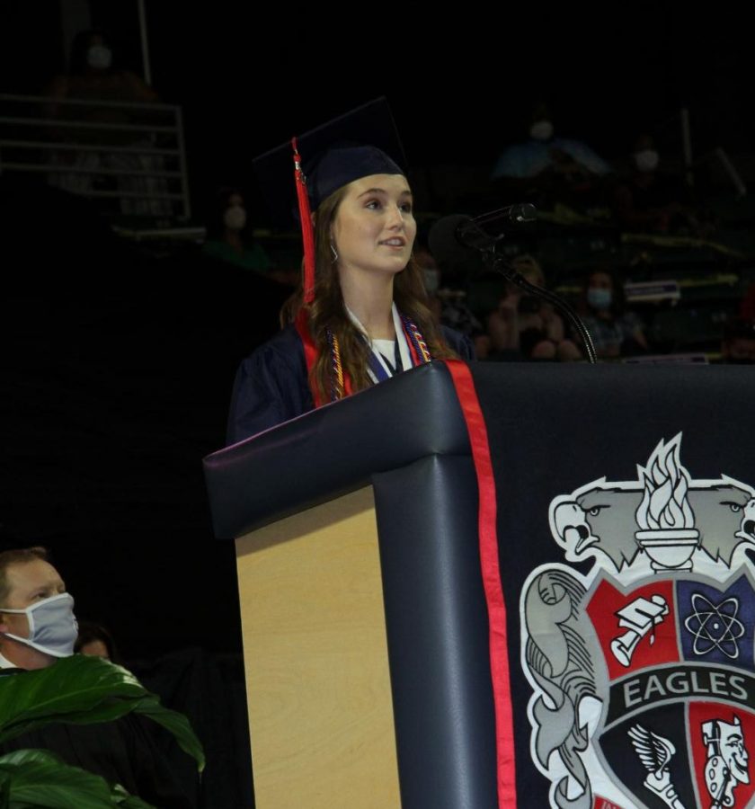 Senior speaker Aimee Weber tells her fellow seniors there has been an enormous sense of gratitude to the times we shared together.
“Little did we know that the year 2020 would throw us an entirely new set of adversities to overcome.
