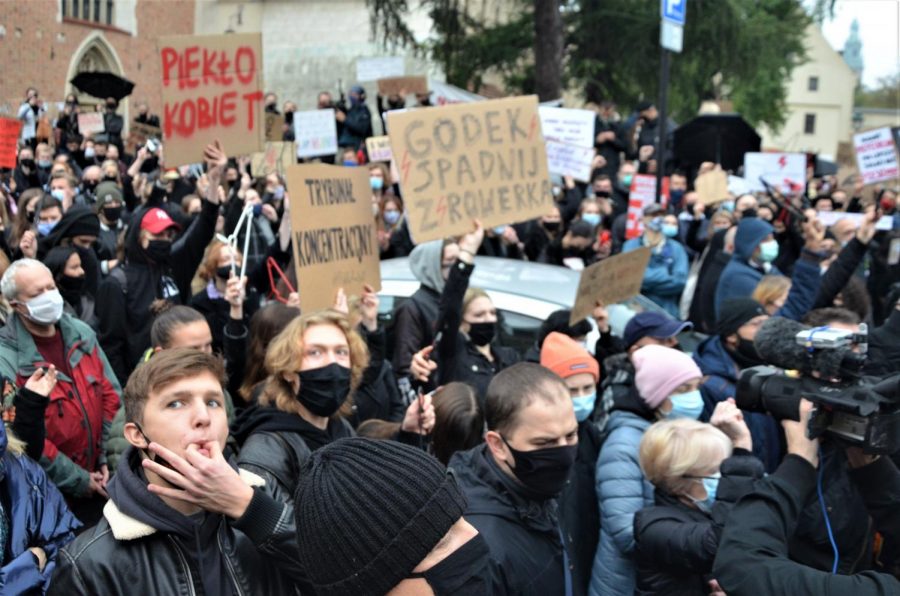 Following the countrys constitutional tribunal that promised to ban abortions, even in the case of fetal defects, thousands of protesters in Kraków Poland gathered to voice their opinions.  
