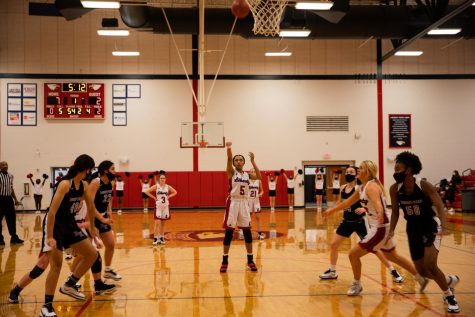 Senior Toni Patterson makes a free throw in the first quarter in a game against Rosati-Kain. Through the first eight games, Patterson led the team in steals (26) and blocks (8) and was second on the team in scoring with 9.3 points per game.  