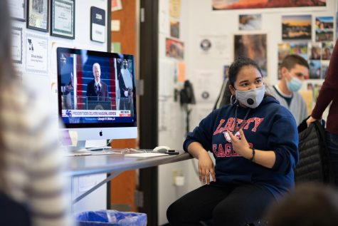 Sruthi Ramesh watches Joe Biden deliver his Inaugural Address in her 5th period class.