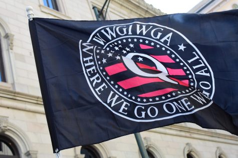 A QAnon flag flown at the infamous capitol riot on Jan. 6, 2021.