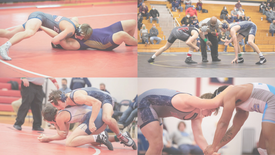 (TOP LEFT): Jackson Ward is second away from pinning Eureka at a home Tri.

(TOP RIGHT): Lukas Aubuchon prepares the go head-to-head with his opponent in a match earlier this season. 

(BOTTOM LEFT): Wyatt Haynes is a couple of seconds away from cradling Holt at our home duel.

(BOTTOM RIGHT): Matt Craig ties up against St. Charles right before pinning him.