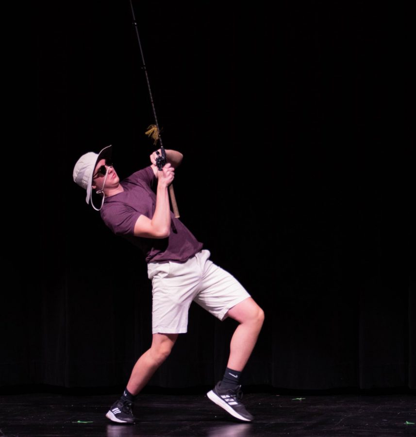 Owen Herling (12) dresses up as a resident fishing dad during a segment of Mr. LHS. 