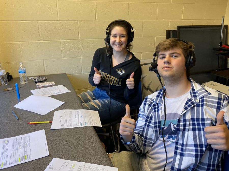 Tyler Metheney and Ally Schniepp broadcast a games varsity soccer game from the press box. Metheney has broadcast both boys and girls basketball in the winter and girls soccer in the spring. 