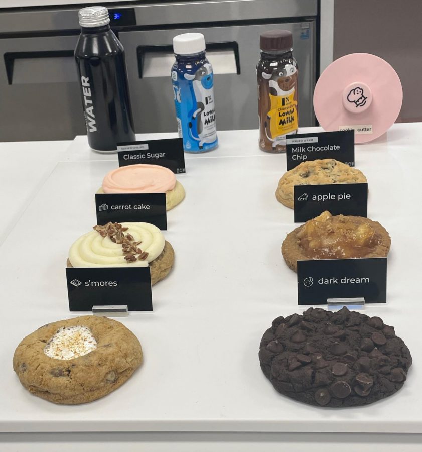 The cookies of the week displayed inside the store. 