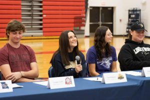Senior Tess Roberts speaks at the College Athlete Signing Ceremony. Roberts will be attending Concordia-St. Paul (Minn.) to play soccer. 