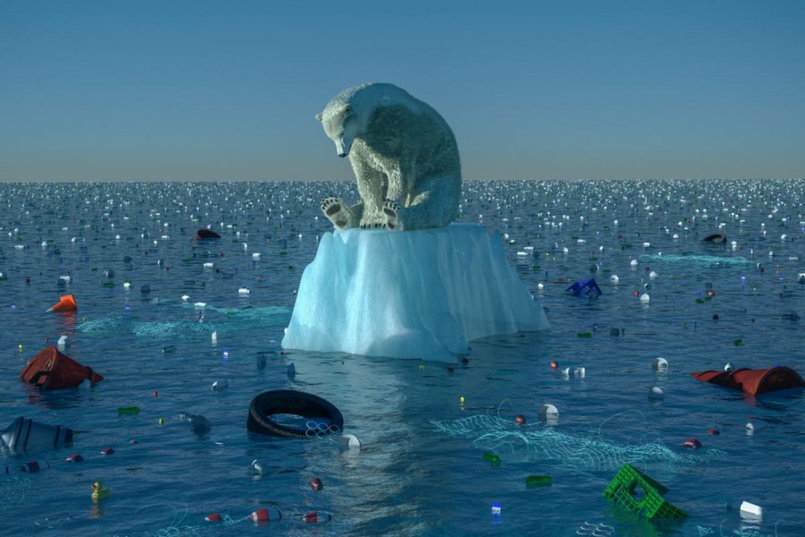 A digital image depicting a single, sad polar bear, floating on a dwindling chunk of ice, in the center of vast ocean garbage patch. 
