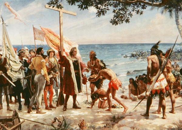 An artists depiction of Christopher Columbus encountering a Native American tribe.