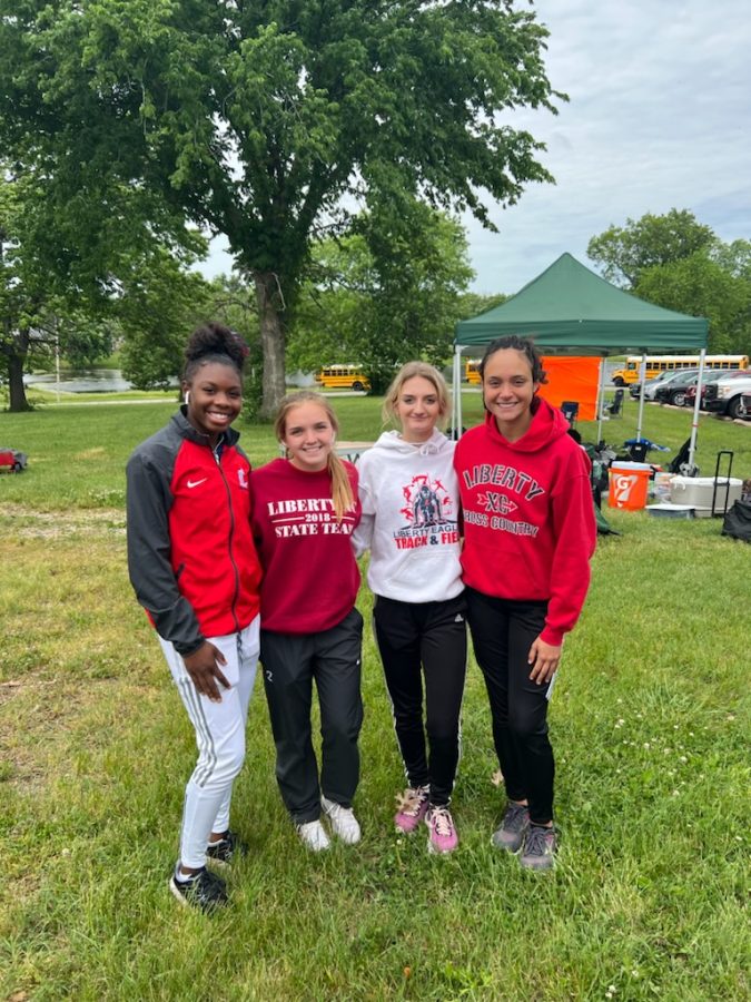 Libertys 4x800 meter state qualifiers Ally Kruger, Karlie Wooten, Alexis OMara and Adrienne Rockette after competing.