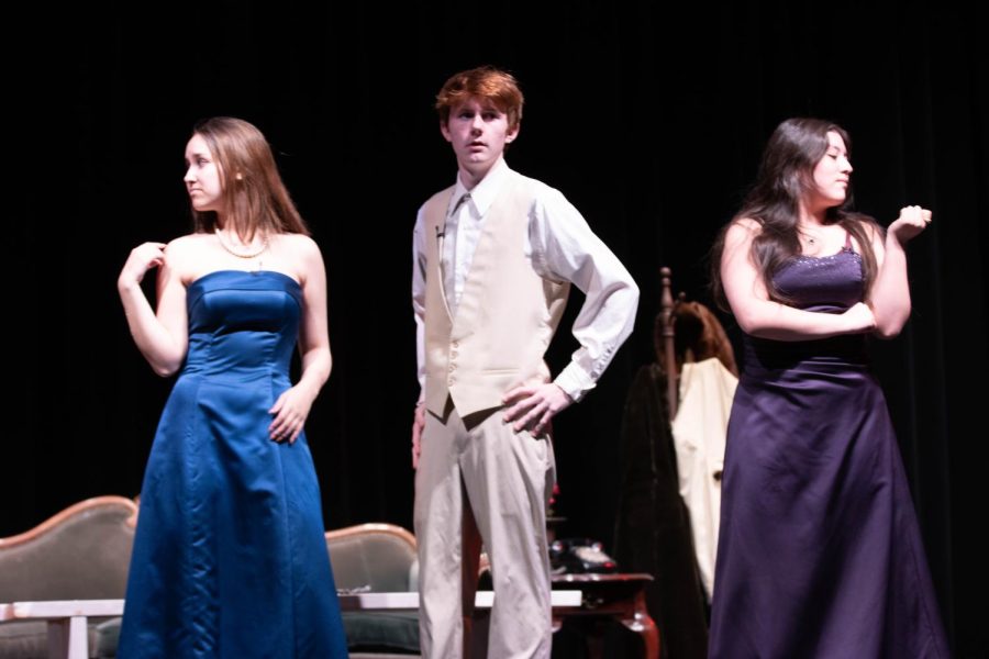 (From left to right) Morgan Feinstein, Connor Higlen and Arely Perez-Gomez performing in A Murdered Mystery.