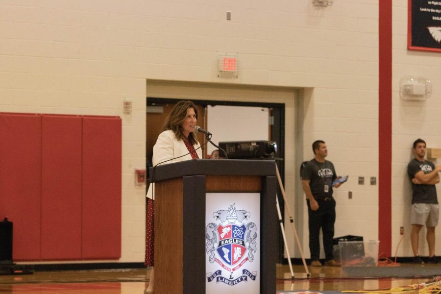 Superintendent Dr. Danielle Tormala speaking to staff members at the Kickoff Event.