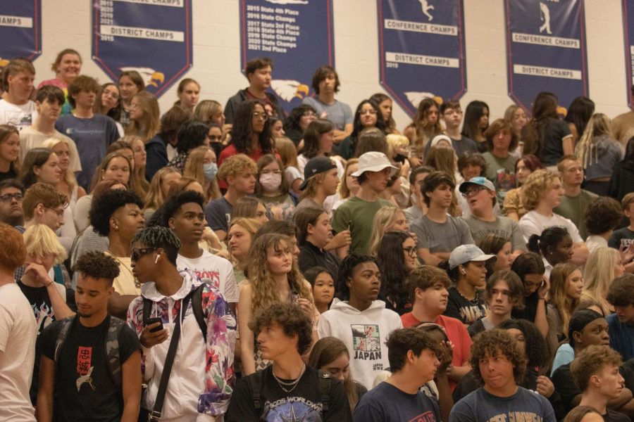 Liberty's senior class stands during the welcome back pep assembly.