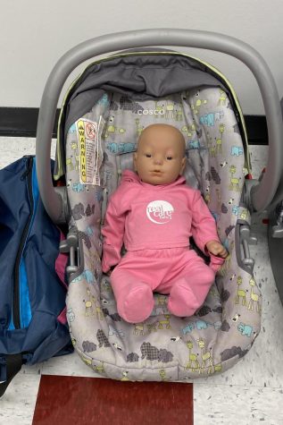 A baby sits in the provided car seat, waiting for a student to take it home.