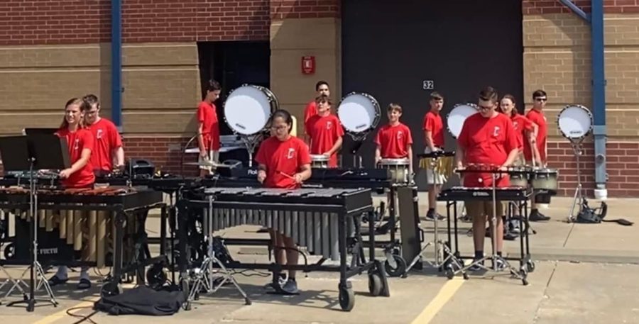 Libertys percussion group practicing their main piece for the competition. 