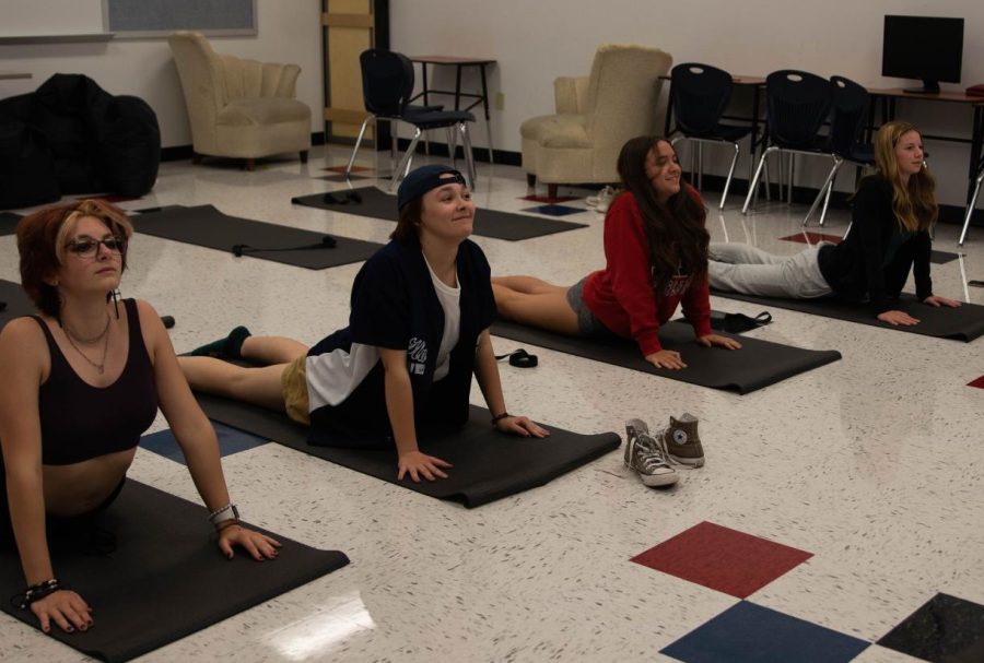 Yoga students go through the upward facing dog pose during a session with Mrs. Hall. 