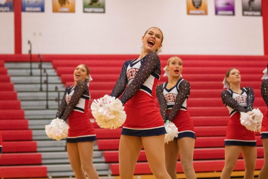 Sophomore Emily May smiles brightly during the second act of the Liberty Belles Dance Showcase performance on Jan. 20. 