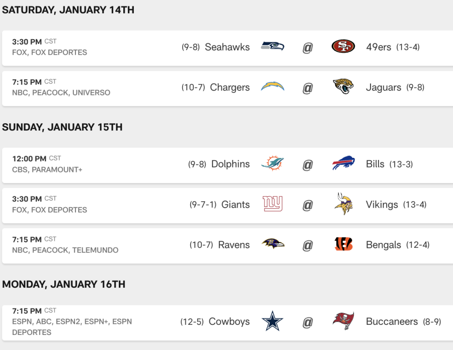The first weeks matchups for the opening round of the NFL postseason. 