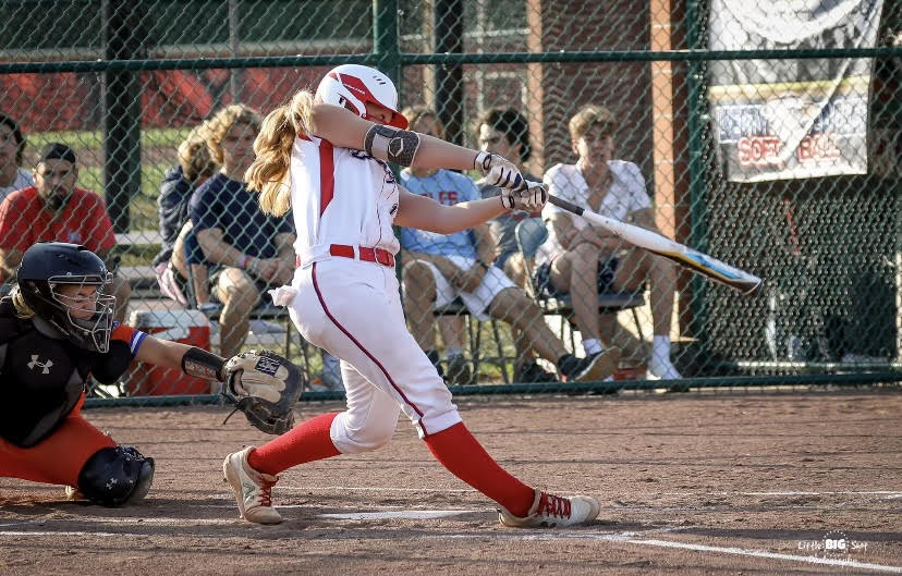 Baylie+Roetemeyer+connects+on+a+pitch+in+a+game+during+the+softball+season.+