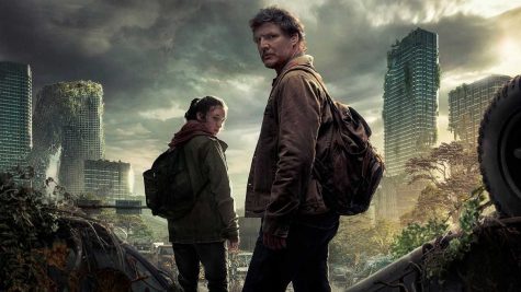 Promotional image for The Last Of Us show featuring Pedro Pascal and Bella Ramsey.