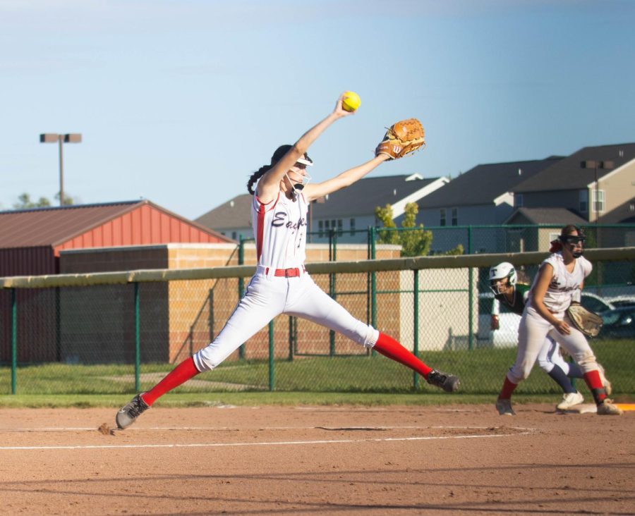 Brianna Rowland winds up and pitches the ball to the plate. 
