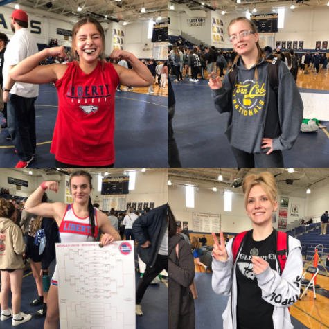 State wrestlers after qualifying at the district meet: Maddy Kuhn (top left), Elektra Lowe (top right), Caroline Ward (bottom left), and Lillia Clay (bottom right).