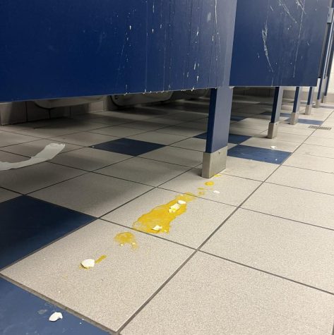 Students threw an egg at the bathroom stall door, leaving custodians to clean up the mess.