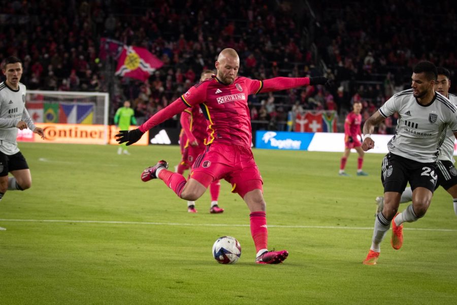 João Klauss takes a shot for St. Louis CITY SC in the second half of a match against the San Jose Earthquakes.