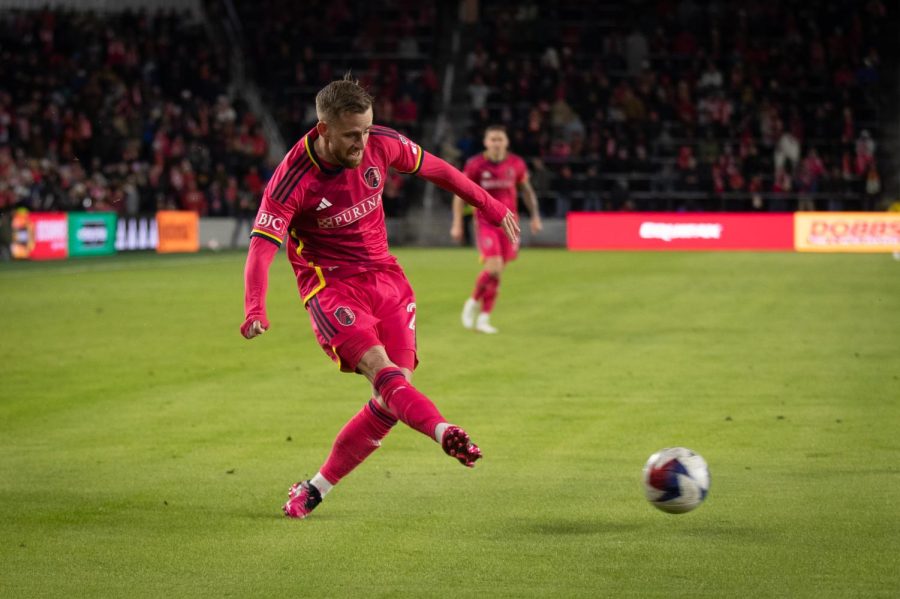 St. Louis CITY SC midfielder Rasmus Alm strikes the ball in a goal scoring opportunity against the San Jose Earthquakes.