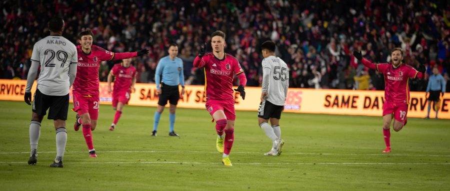 Tomáš Ostrák and his St. Louis CITY SC teammates celebrate after scoring a goal on the San Jose Earthquakes in the second half, raising the score to 3-0.