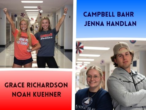Campbell Bahr and Jenna Handlan run against Grace Richardson and Noah Kuehner.
