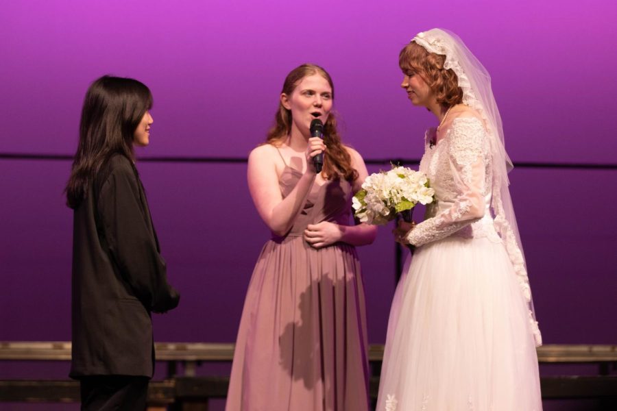 Sophomores (left to right) Emily Nguyen, Ally Rigby, and Clara Walker, act out Not Getting Married Today from Broadway show Company. 