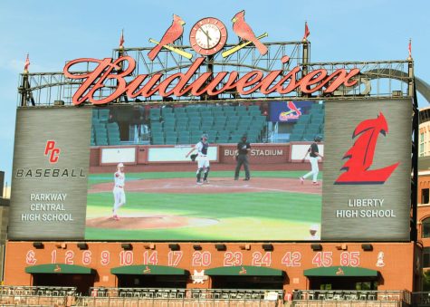 The baseball team got to play at Busch Stadium where they were on the jumbotron and field.