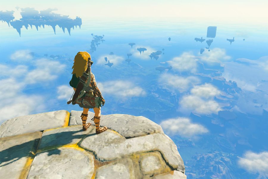 Link on a sky island overlooking Hyrule Kingdom.