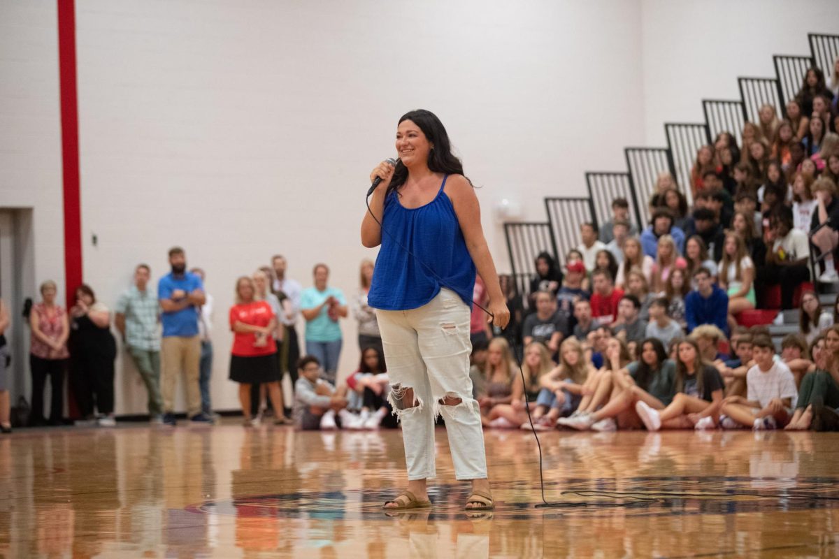 Senior Layla Thornton gives a speech about what it means to be a part of Liberty during the assembly held on the first day of school.